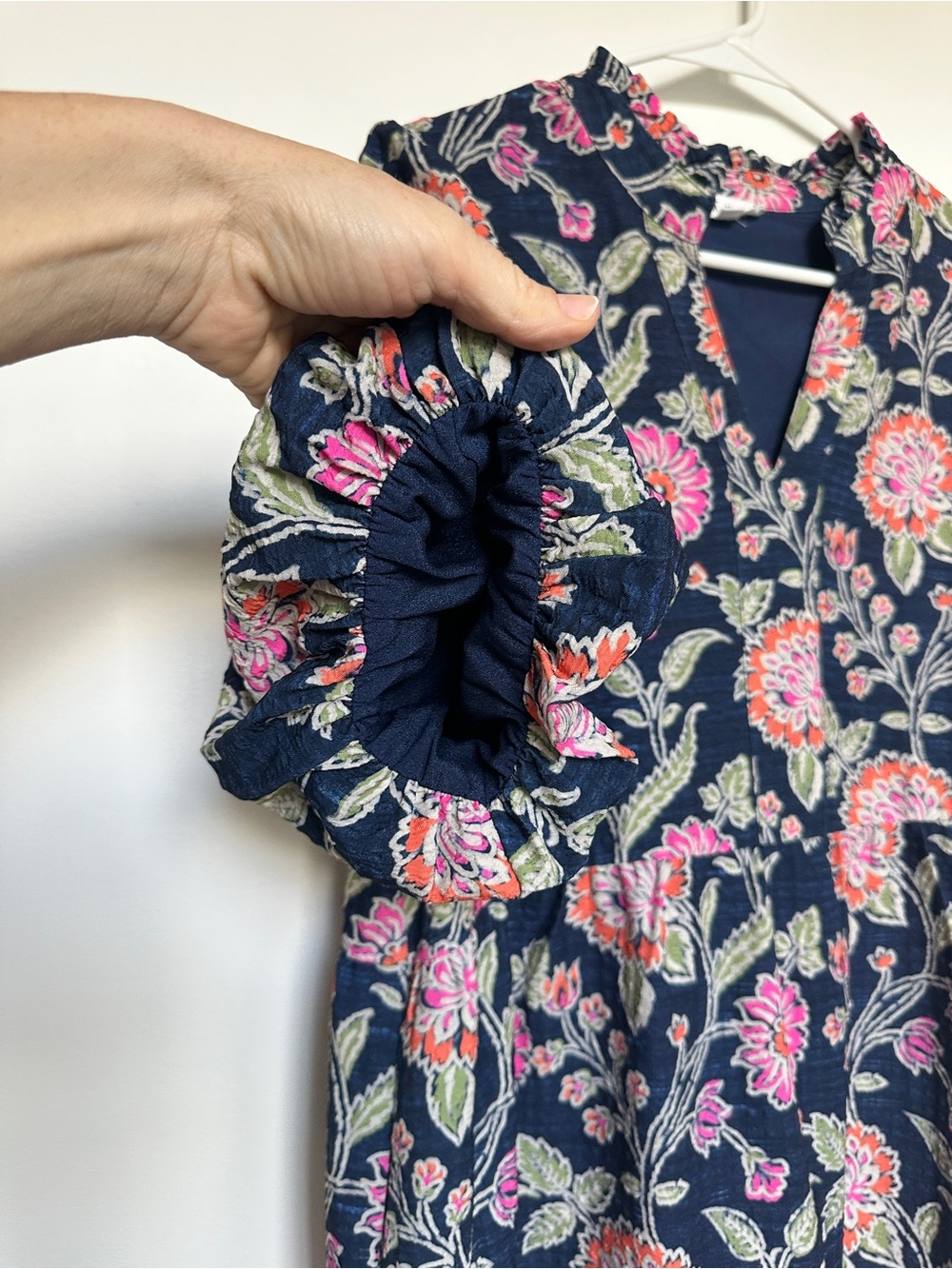 THML Navy Floral Tiered Puff Sleeve Dress with Pink and Orange Blooms - Picture 7 of 12